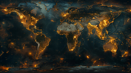 Digital world map background, earth network. World map in neon light - obrazy, fototapety, plakaty