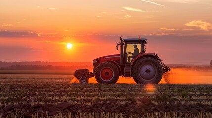 Irrigation tractor driving spraying or harvesting an agricultural crop at sunset