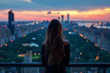 Silhouette of a successful woman on a luxurious balcony in NYC. Concept Luxury Lifestyle, Successful Woman, Silhouette Photography, NYC Background, Elegant Balcony - obrazy, fototapety, plakaty