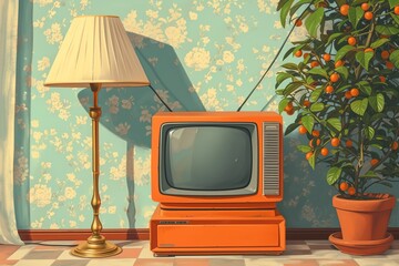 AI Generative Illustration of a vintage analog television with lamp beside it on color background in 70s style