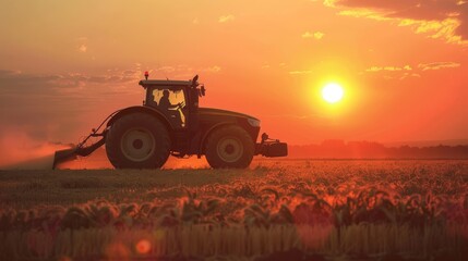 Fototapeta premium Irrigation tractor driving spraying or harvesting an agricultural crop at sunset