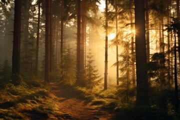 Golden hour forest landscape basking in warm and soft sunlight
