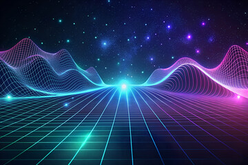 Dark background with a wave of lines and dots. Digital Art