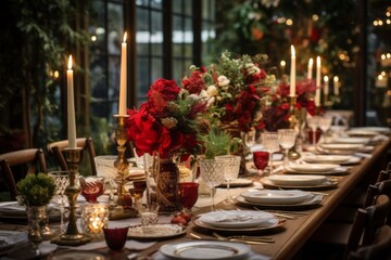 Holiday gathering with friends and family around a beautifully decorated table.