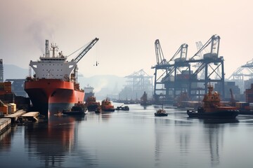 Industrial port with a mix of cargo vessels and tankers.