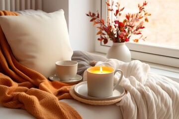 Fototapeta na wymiar Inviting living room mockup with autumn decor, a cup of tea, and a cozy blanket