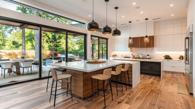 Kitchen interior in beautiful new luxury home with kitchen island