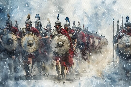 Dramatic watercolor depiction of Roman soldiers braving harsh weather during a march.