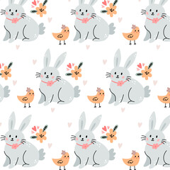 Cute bunny and chick seamless pattern. Creative nursery background. Perfect for kids design, fabric, wrapping, wallpaper, textile, apparel. Vector cartoon illustration.
