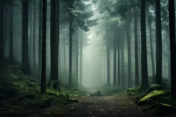 Fototapeten Misty forest creating an atmospheric and mystical natural scene © KerXing