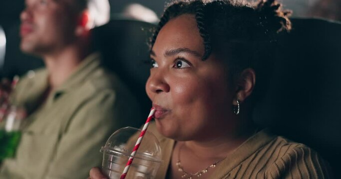 Black woman, drink and surprise in cinema for movie with wow or excited expression or emotion on face, reaction and awe. Female person, theatre and shock for film with milkshake for enjoyment.