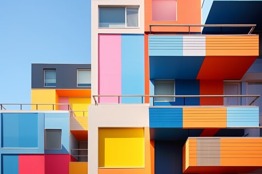 Vibrant and colorful building with multiple balconies and intricate details