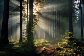 Mystic forest scene with rays of sunlight piercing through the trees