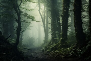 Mystical foggy forest with trees disappearing into the mist