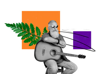 Creative picture collage senior pensioner man guitarist player acoustic instrument green leaf environment drawing background