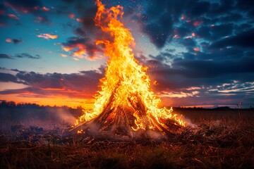 illustrated bonfire in the night for holika dahan in village with peoples, rules of third,extreme right - obrazy, fototapety, plakaty