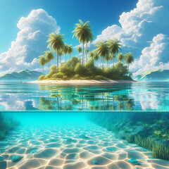 tropical island, water reflections, transparent blue water, dutch angle, sandy clean lake floor, bright blue sky, scattered clouds, noon vaporwave