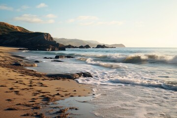 Fototapeta na wymiar Peaceful coastal scene with gentle waves lapping on the shore