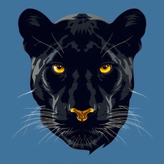 A sleek panther's face in a flat vector style, isolated on a vibrant blue background.