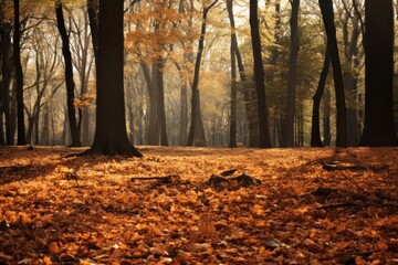 Peaceful forest with a carpet of fallen leaves in autumn
