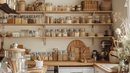 Kitchen pantry storage room for home supplies organized with food containers and glass jars