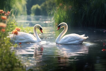 Fototapeta premium Playful swans swimming gracefully on a calm pond