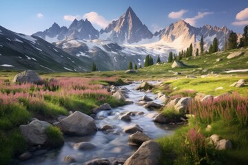 Fototapeta na wymiar Pristine alpine meadow with a backdrop of towering peaks