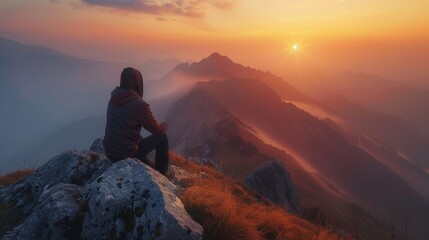 Solitude at sunrise. Embracing the magnificence of mountain mornings - obrazy, fototapety, plakaty