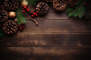 Rustic Christmas flatlay with pinecones, berries, and wooden decorations