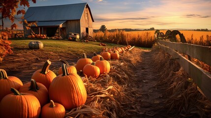 Scenic countryside landscape with a rustic barn and pumpkins scattered in a field, capturing the essence of rural autumn - obrazy, fototapety, plakaty