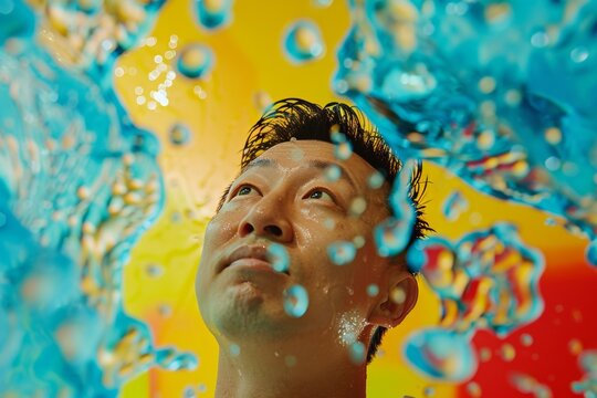 Asian man engaging with eco-initiatives, his upward gaze mirroring sustainability aspirations