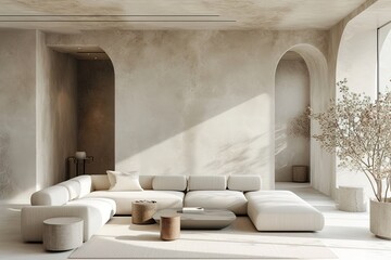 Background interior of living room with light colored concrete walls, sofa, and table.