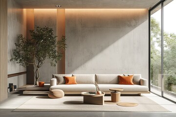 Background interior of living room with light colored concrete walls, sofa, and table.