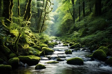 Softly flowing stream cutting through a lush forest - obrazy, fototapety, plakaty
