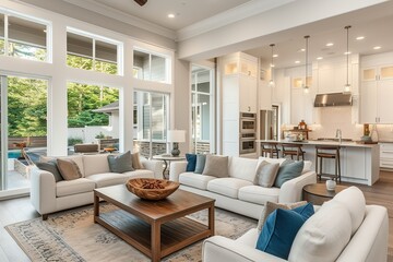 Beautiful and bright open concept living room in new luxury home with view of eating nook and kitchen. Kitchen has large island and cabinets, stainless steel appliances. - obrazy, fototapety, plakaty