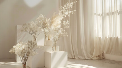 beautiful white flowers in vase on the windowsill, interior design