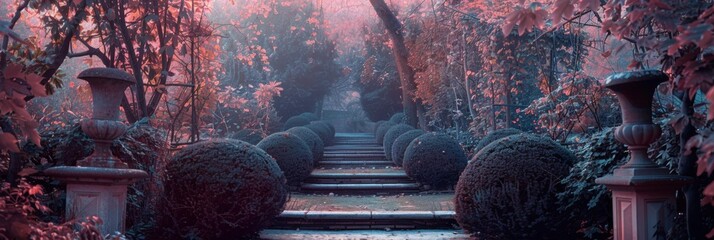 Twilight serenity in a biodynamic garden, a tranquil representation of nature's rhythms in Honest Frames - obrazy, fototapety, plakaty