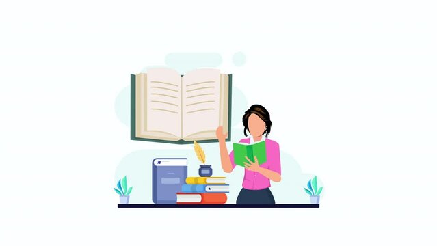 Librarian concept 2d video animation 4k clip. Llibrary reading room guid.
