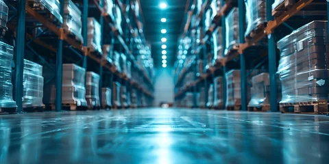 Fotobehang Background of a warehouse with blurred storage shelves and light industrial vibe. Concept Warehouse, Blurred Shelves, Industrial, Background, Light Vibe © Ян Заболотний