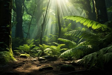Sunlit fern-covered forest floor creating a serene and magical atmosphere