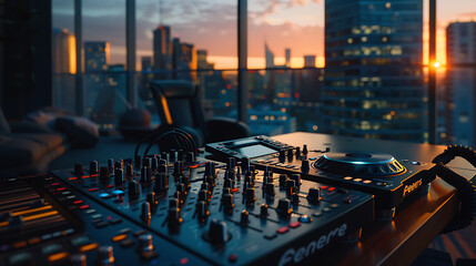 Dj mixer with headphones on a table in front of the window - obrazy, fototapety, plakaty