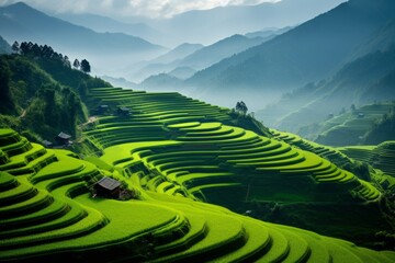 Terraced paddy fields cascading down the slopes of a lush hillside