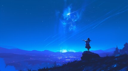 Obraz na płótnie Canvas Adventurous girl on a cliff edge reaches out to the vibrant Milky Way above