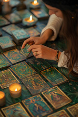 Close-up of hands arranging tarot cards on wooden table. Esoteric practice and tarot reading concept for design and print - obrazy, fototapety, plakaty