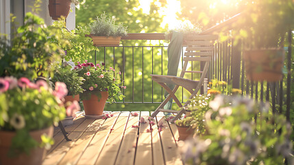 Wooden terrace with flowers in pots on terrace in sunny day - obrazy, fototapety, plakaty