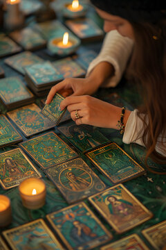 Close-up of hands arranging tarot cards on wooden table. Esoteric practice and tarot reading concept for design and print
