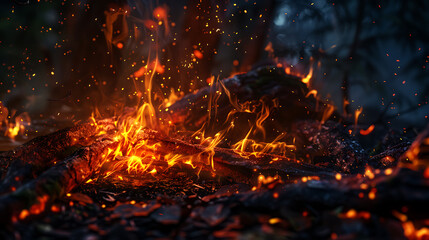 Flames of a campfire in the forest, close-up