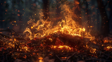 Fototapeta na wymiar Burning campfire in the forest at night. Close-up
