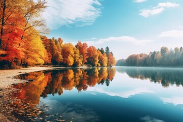Tranquil lake surrounded by autumn trees in full color