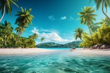 Tropical paradise with palm trees and turquoise waters forming an exotic  background